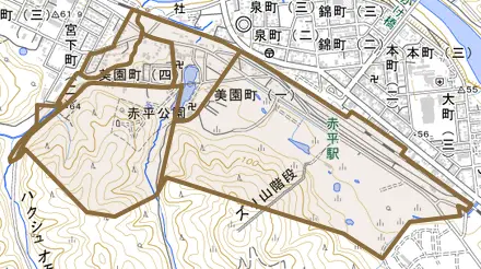美園町とその周辺の地図。町の範囲を重ねている