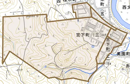 宮下町とその周辺の地図。町の範囲を重ねている