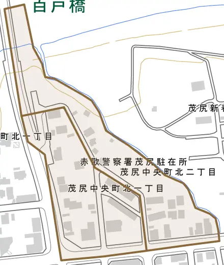 茂尻中央町北とその周辺の地図。町の範囲を重ねている
