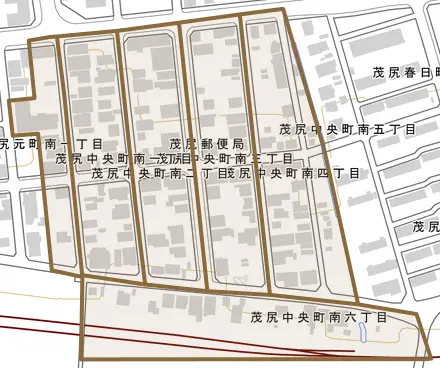 茂尻中央町南とその周辺の地図。町の範囲を重ねている
