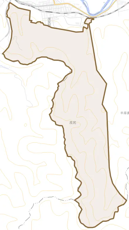字茂尻とその周辺の地図。町の範囲を重ねている