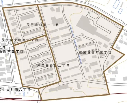 茂尻春日町とその周辺の地図。町の範囲を重ねている
