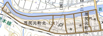 茂尻元町北とその周辺の地図。町の範囲を重ねている