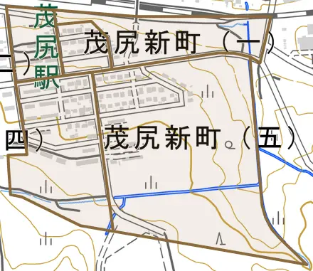 茂尻新町とその周辺の地図。町の範囲を重ねている