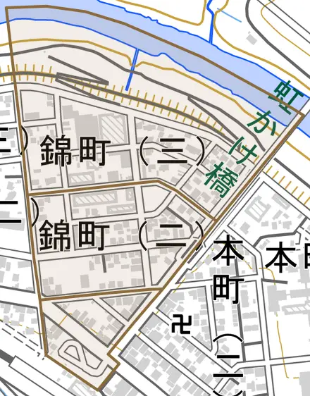 錦町とその周辺の地図。町の範囲を重ねている