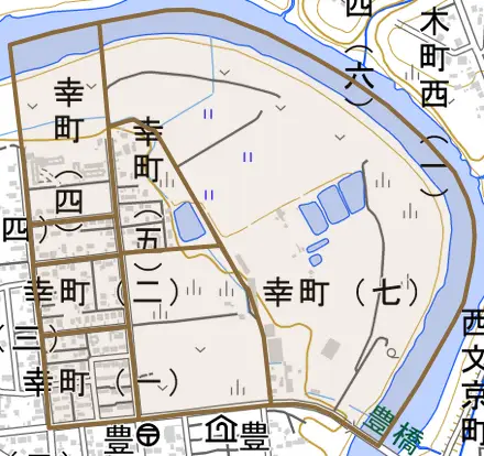 幸町とその周辺の地図。町の範囲を重ねている