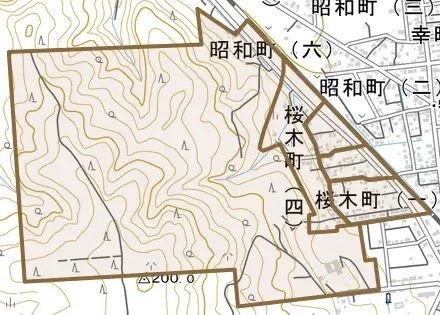 桜木町とその周辺の地図。町の範囲を重ねている