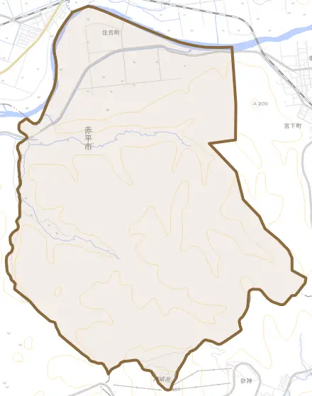 住吉町とその周辺の地図。町の範囲を重ねている