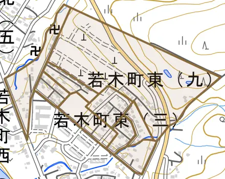 若木町東とその周辺の地図。町の範囲を重ねている
