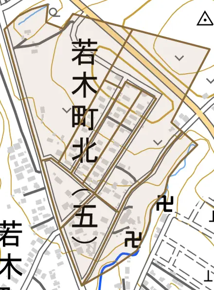 若木町北とその周辺の地図。町の範囲を重ねている