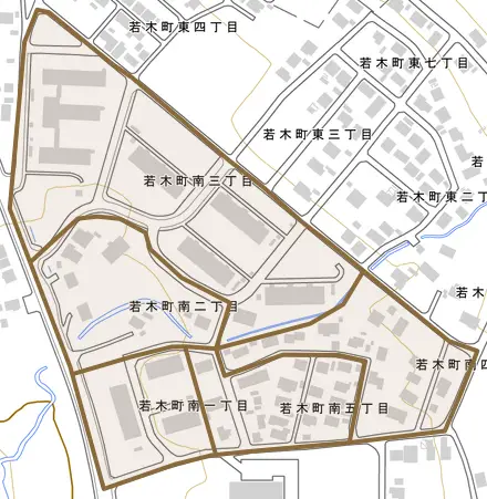 若木町南とその周辺の地図。町の範囲を重ねている