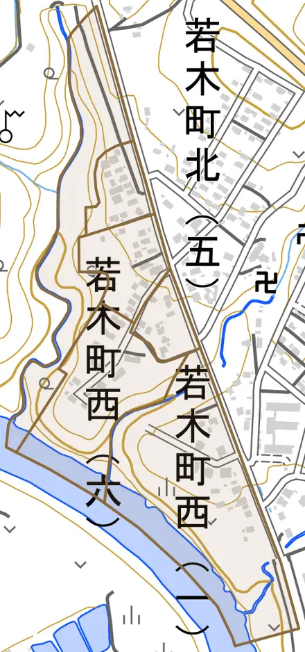 若木町西とその周辺の地図。町の範囲を重ねている