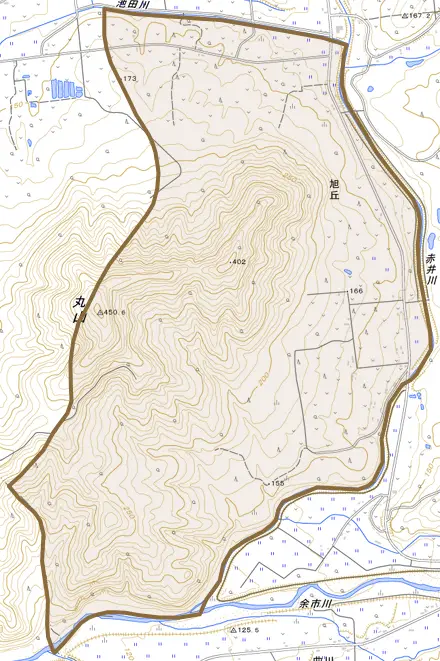 字旭丘とその周辺の地図。町の範囲を重ねている
