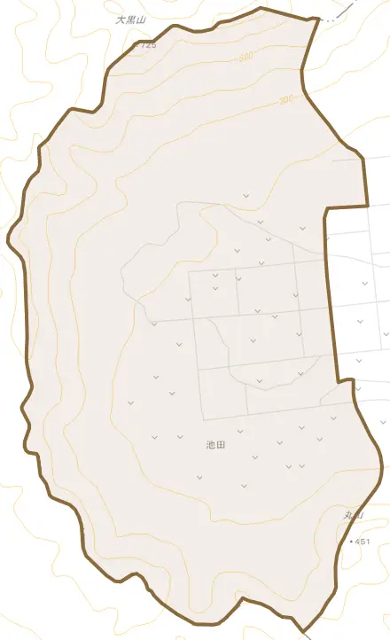 字池田とその周辺の地図。町の範囲を重ねている