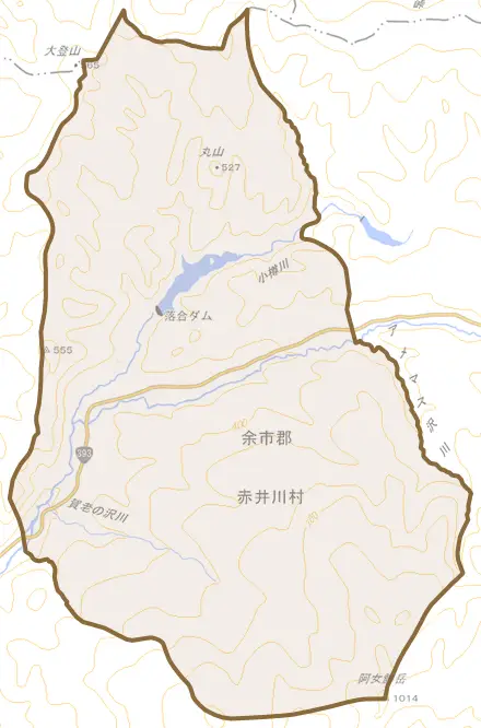 字落合とその周辺の地図。町の範囲を重ねている