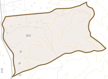 字富田とその周辺の地図。町の範囲を重ねている