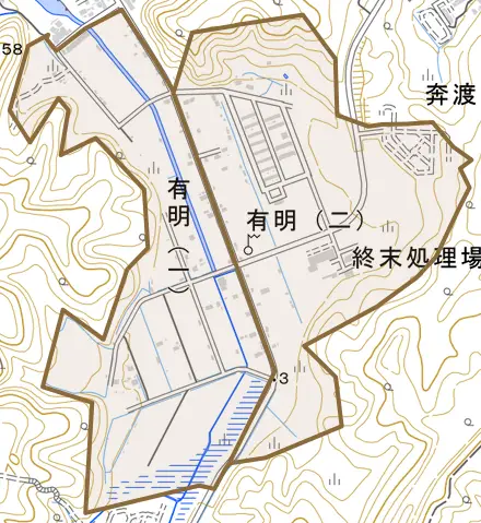有明とその周辺の地図。町の範囲を重ねている