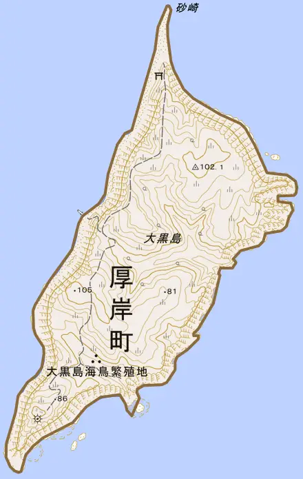 大黒島とその周辺の地図。町の範囲を重ねている