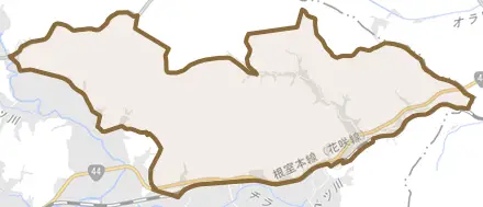 糸魚沢とその周辺の地図。町の範囲を重ねている