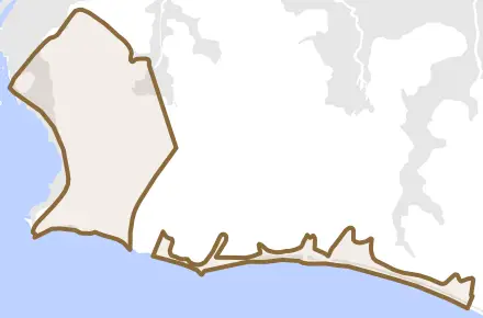 神岩とその周辺の地図。町の範囲を重ねている