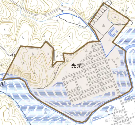 光栄とその周辺の地図。町の範囲を重ねている