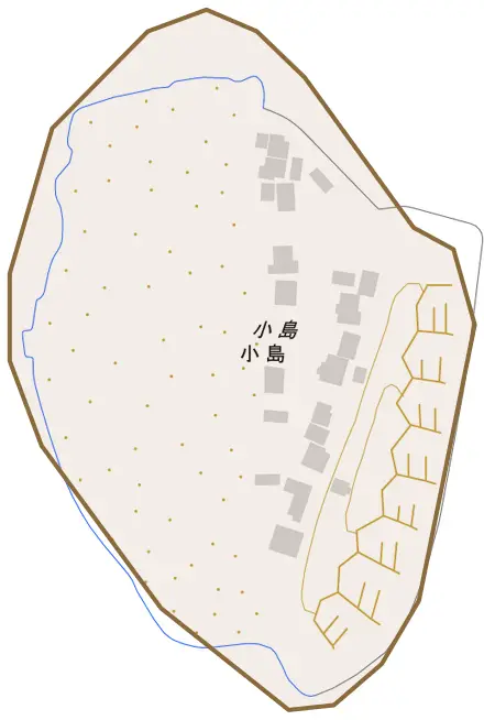 小島とその周辺の地図。町の範囲を重ねている