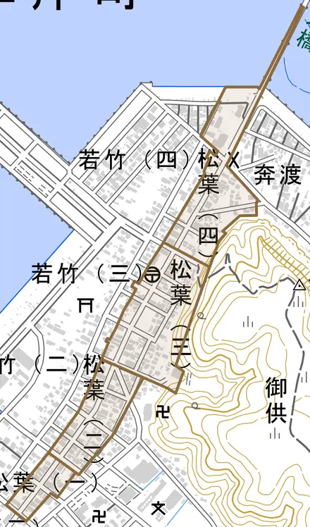 松葉とその周辺の地図。町の範囲を重ねている