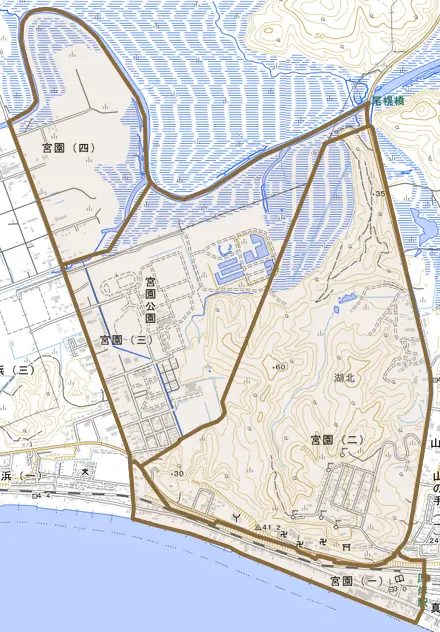 宮園とその周辺の地図。町の範囲を重ねている