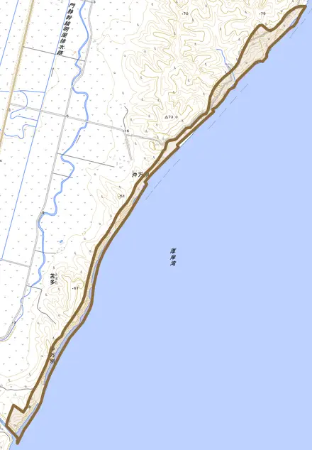 沖万別とその周辺の地図。町の範囲を重ねている