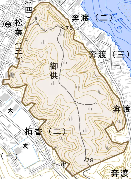 御供とその周辺の地図。町の範囲を重ねている