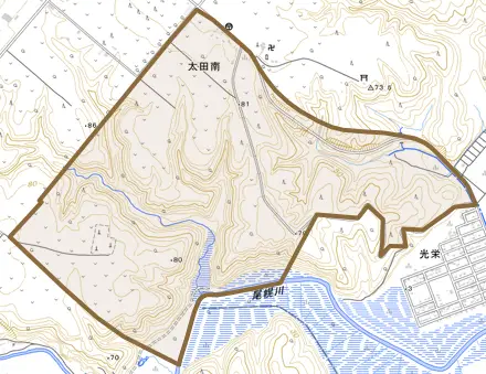 太田南とその周辺の地図。町の範囲を重ねている
