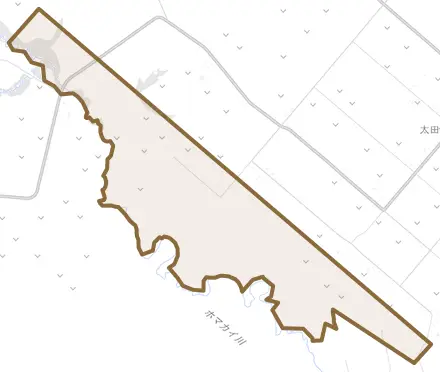 太田西とその周辺の地図。町の範囲を重ねている