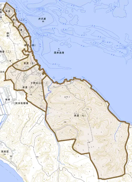 奔渡とその周辺の地図。町の範囲を重ねている