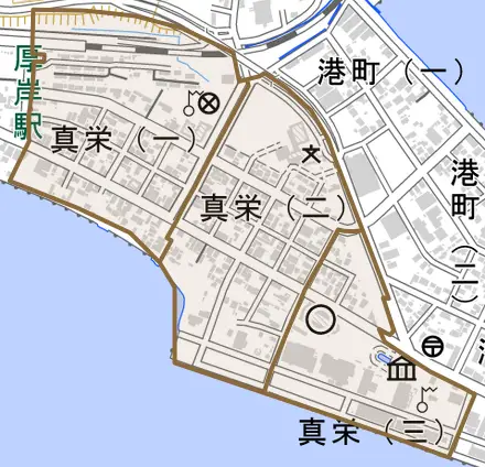 真栄とその周辺の地図。町の範囲を重ねている