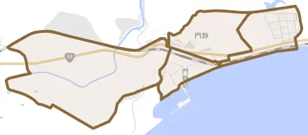門静とその周辺の地図。町の範囲を重ねている