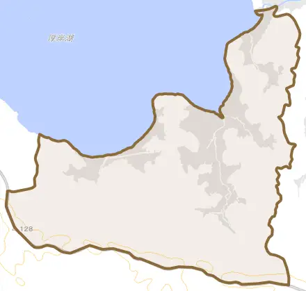 東梅とその周辺の地図。町の範囲を重ねている