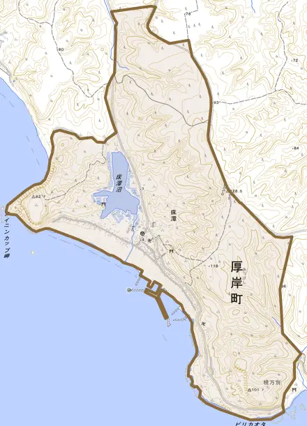 床潭とその周辺の地図。町の範囲を重ねている