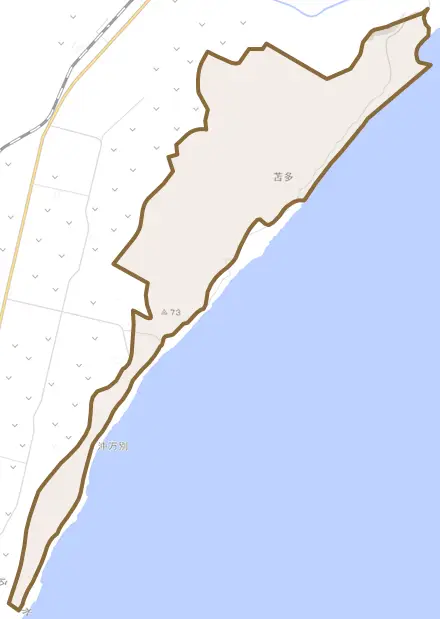 苫多とその周辺の地図。町の範囲を重ねている