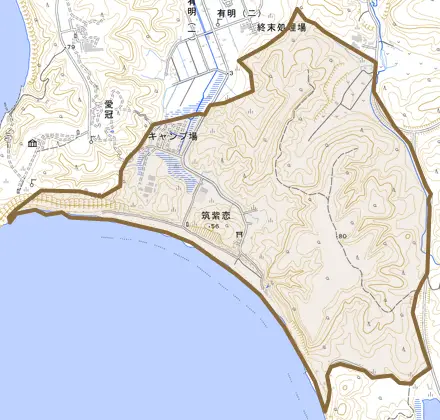 筑紫恋とその周辺の地図。町の範囲を重ねている