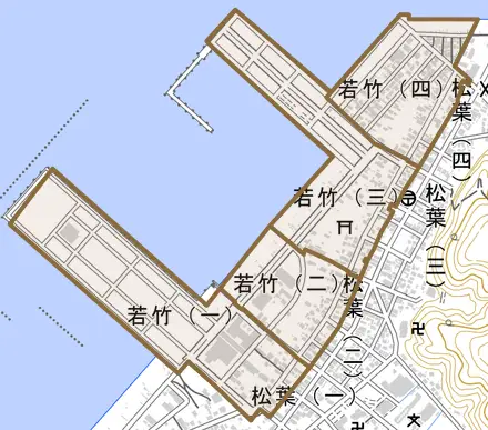 若竹とその周辺の地図。町の範囲を重ねている