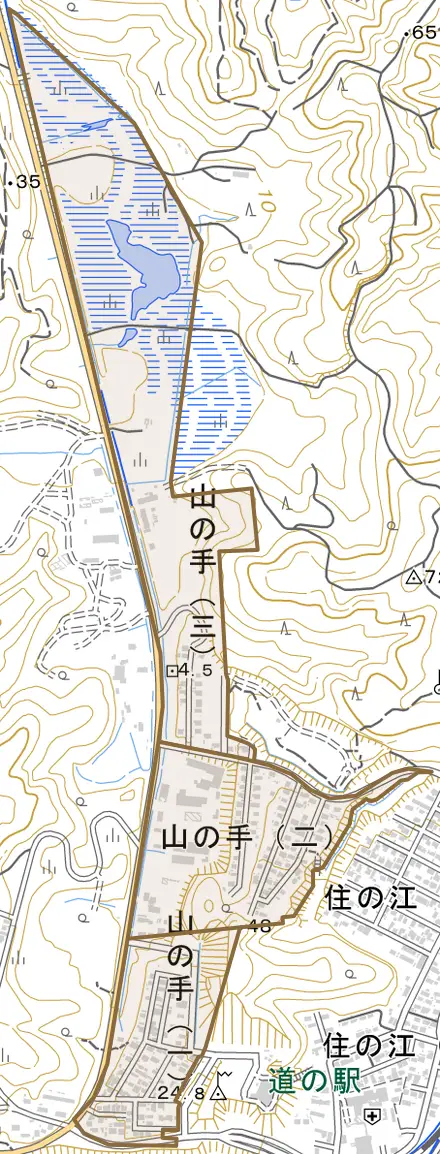 山の手とその周辺の地図。町の範囲を重ねている