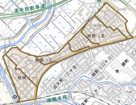 旭岡とその周辺の地図。町の範囲を重ねている
