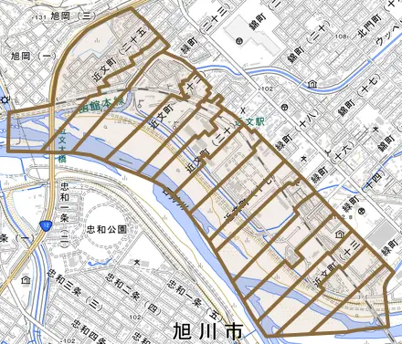 近文町とその周辺の地図。町の範囲を重ねている
