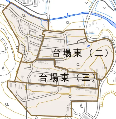 台場東とその周辺の地図。町の範囲を重ねている