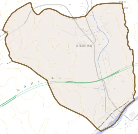 江丹別町嵐山とその周辺の地図。町の範囲を重ねている