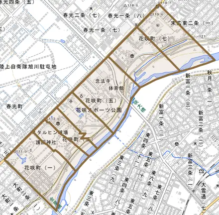 花咲町とその周辺の地図。町の範囲を重ねている