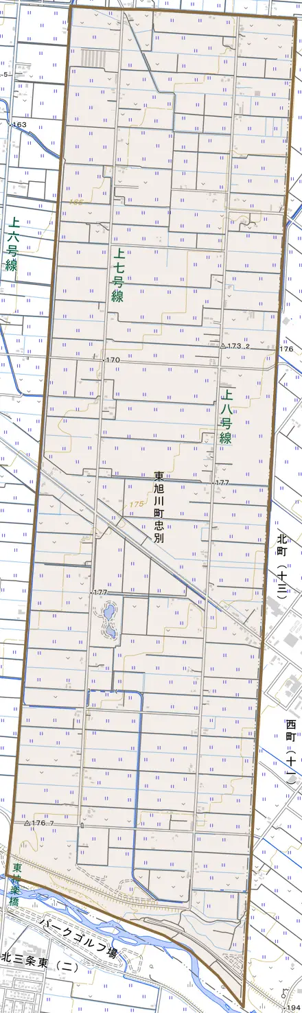 東旭川町忠別とその周辺の地図。町の範囲を重ねている