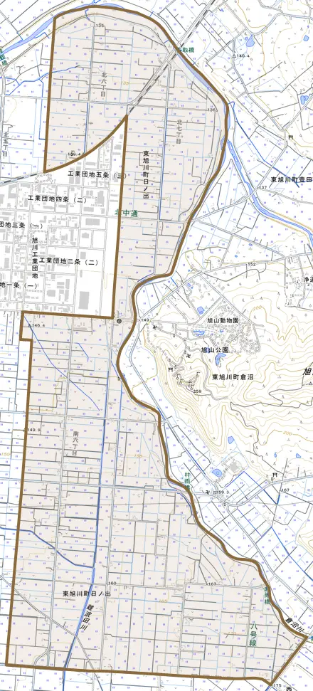 東旭川町日ノ出とその周辺の地図。町の範囲を重ねている