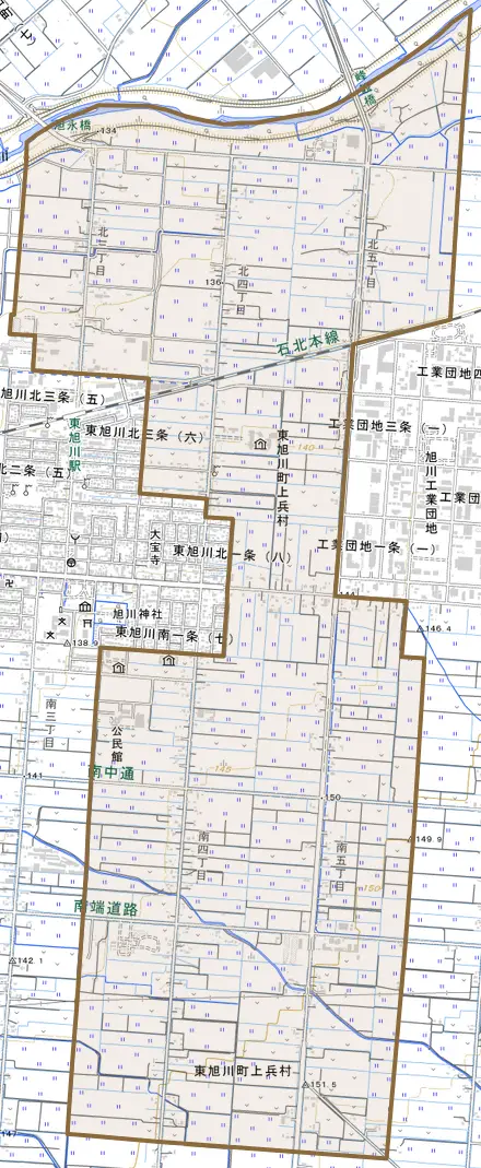 東旭川町上兵村とその周辺の地図。町の範囲を重ねている