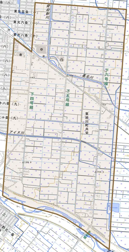 東旭川町共栄とその周辺の地図。町の範囲を重ねている